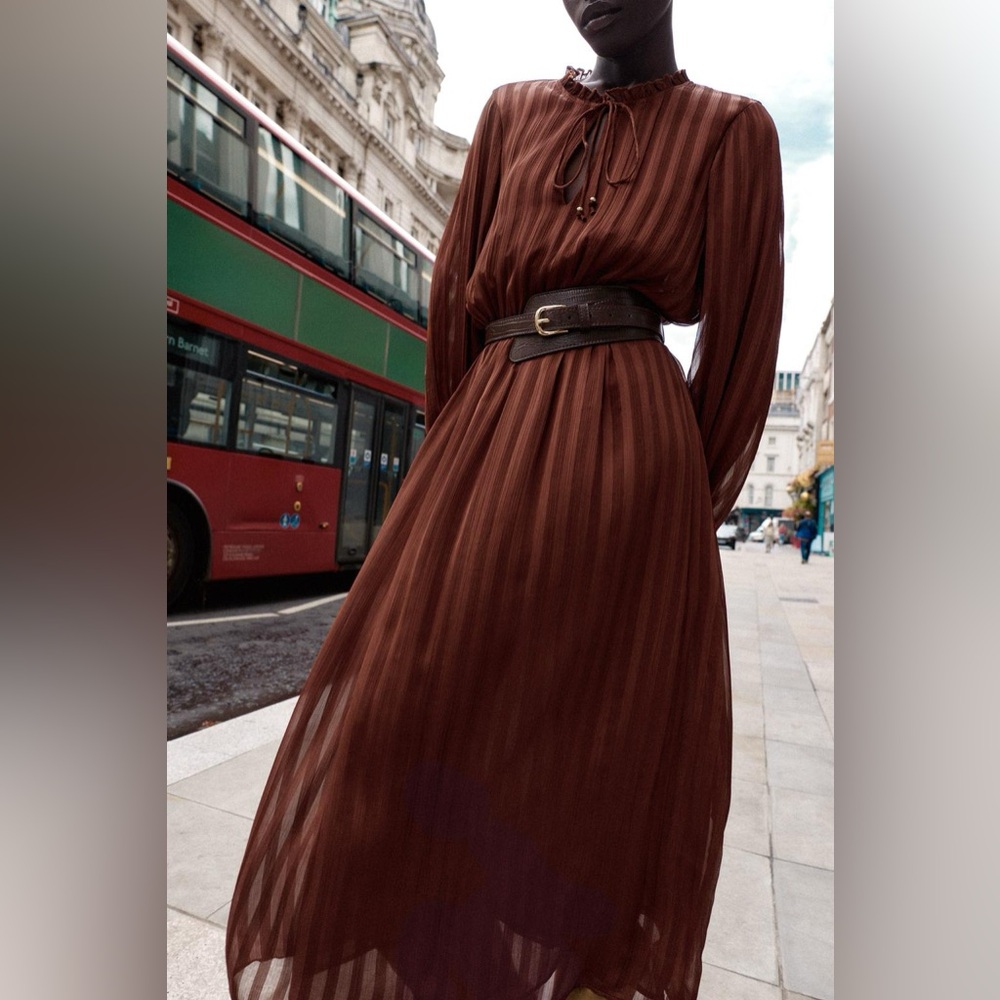 ZARA Brick Midi Dress with Belt. M NWT